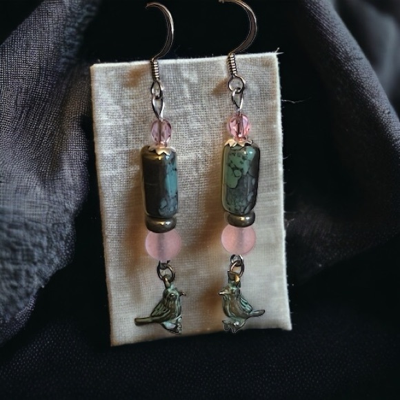Patina bird Czech glass pyrite earrings handcrafted - Picture 2 of 5